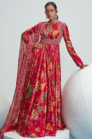 Red Embroidered Anarkali Set by Mahima Mahajan