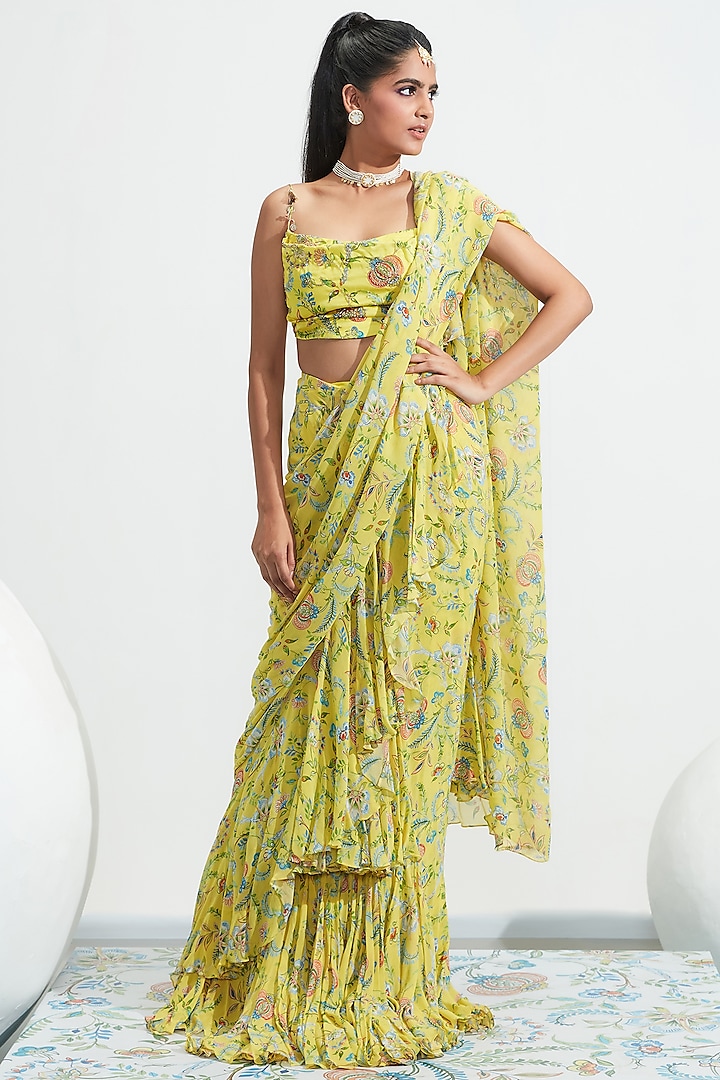 Yellow Printed Pre-Stitched Saree Set by Mahima Mahajan