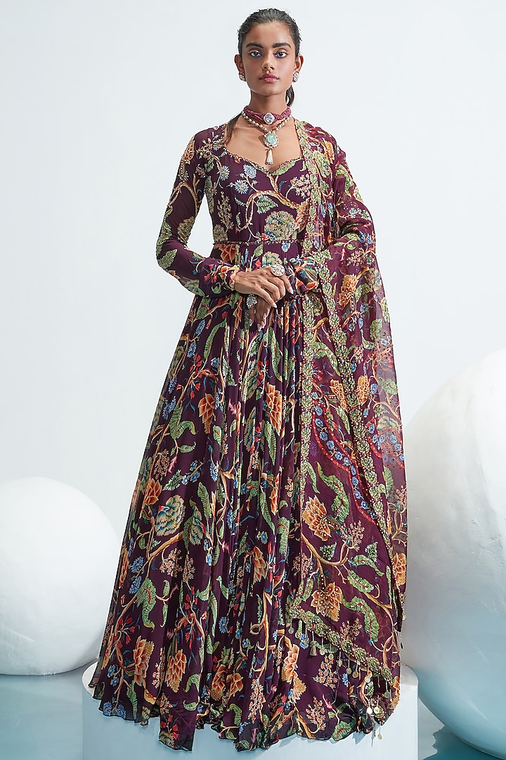 Purple Embroidered Wedding Anarkali Set by Mahima Mahajan at Pernia's Pop Up Shop