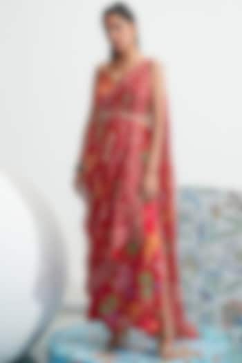 Red Embroidered Choga Dress by Mahima Mahajan