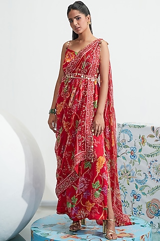 Red Embroidered Choga Dress by Mahima Mahajan