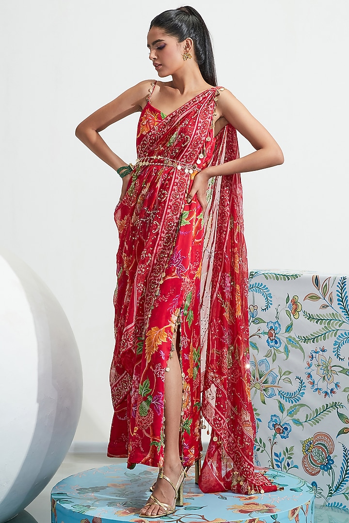 Red Embroidered Choga Cocktail Dress by Mahima Mahajan at Pernia's Pop Up Shop
