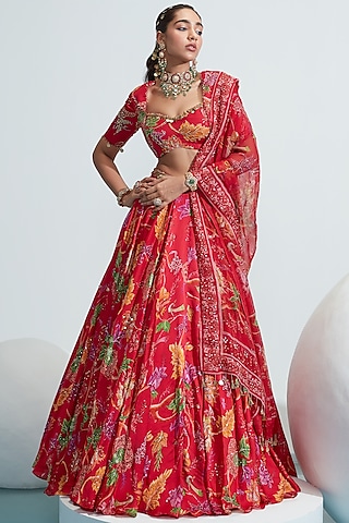 Red Embroidered Lehenga Set by Mahima Mahajan