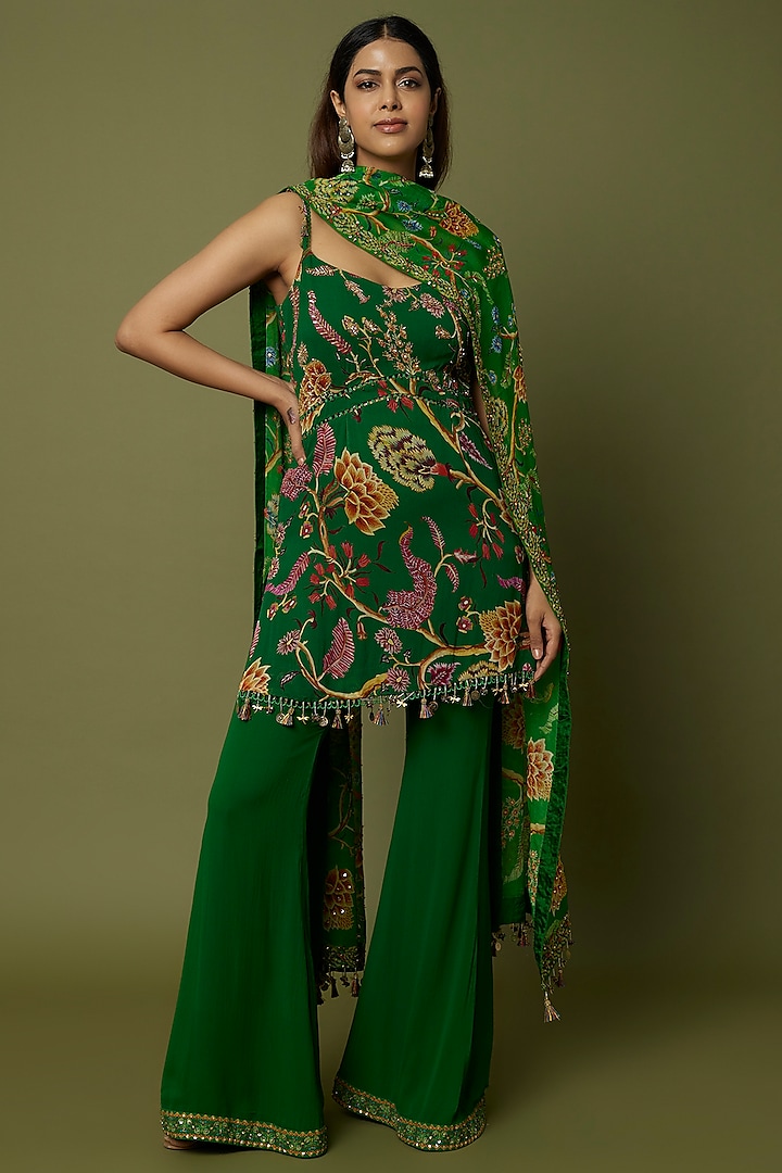 Green Satin Organza & Shantoon Embroidered Gharara Set by Mahima Mahajan