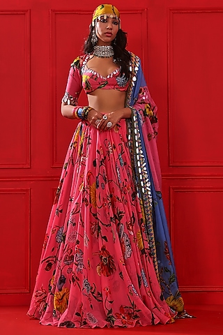 Candy Pink Satin Organza Printed Lehenga Set by Mahima Mahajan