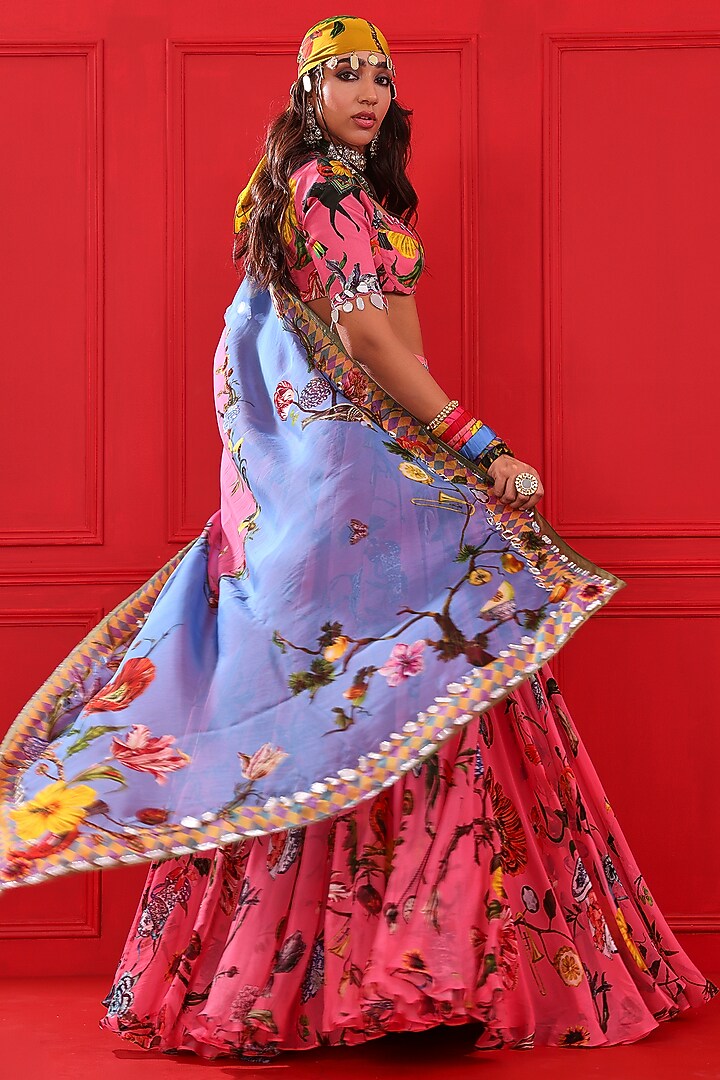 Candy Pink Satin Organza Printed Wedding Lehenga Set by Mahima Mahajan at Pernia's Pop Up Shop