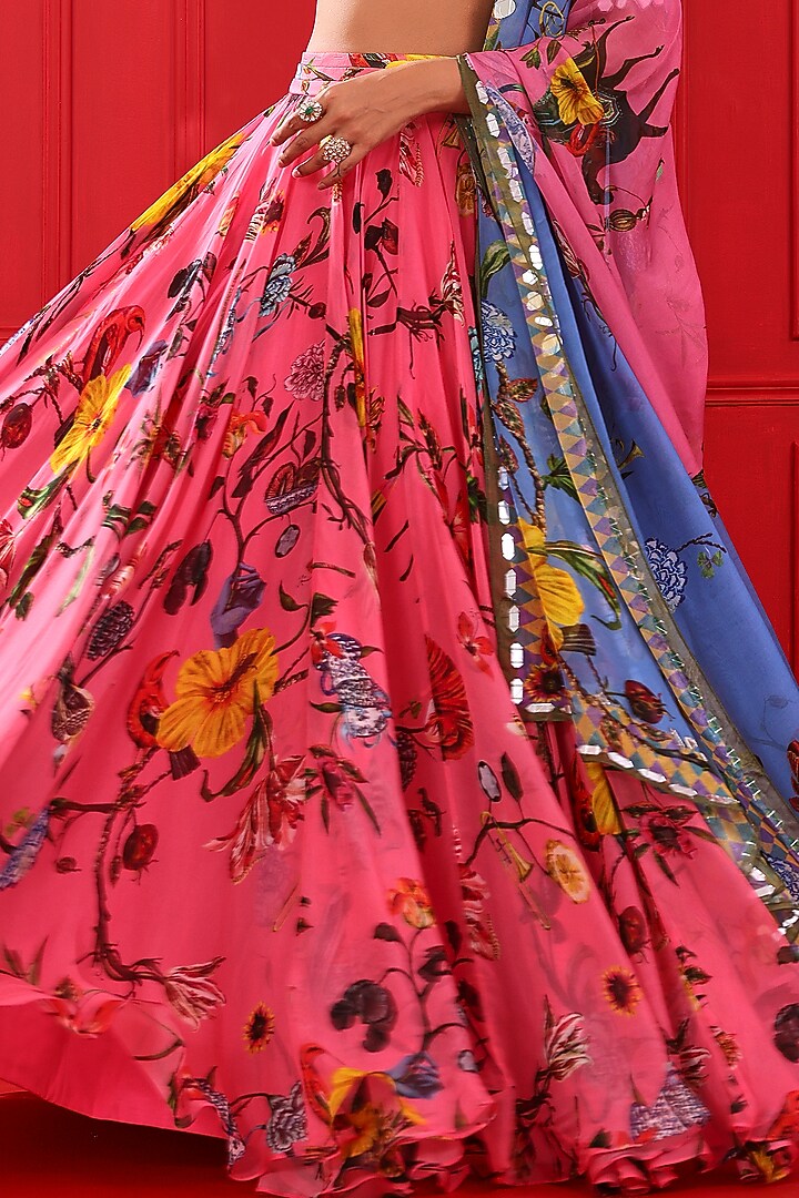 Candy Pink Satin Organza Printed Wedding Lehenga Set by Mahima Mahajan at Pernia's Pop Up Shop