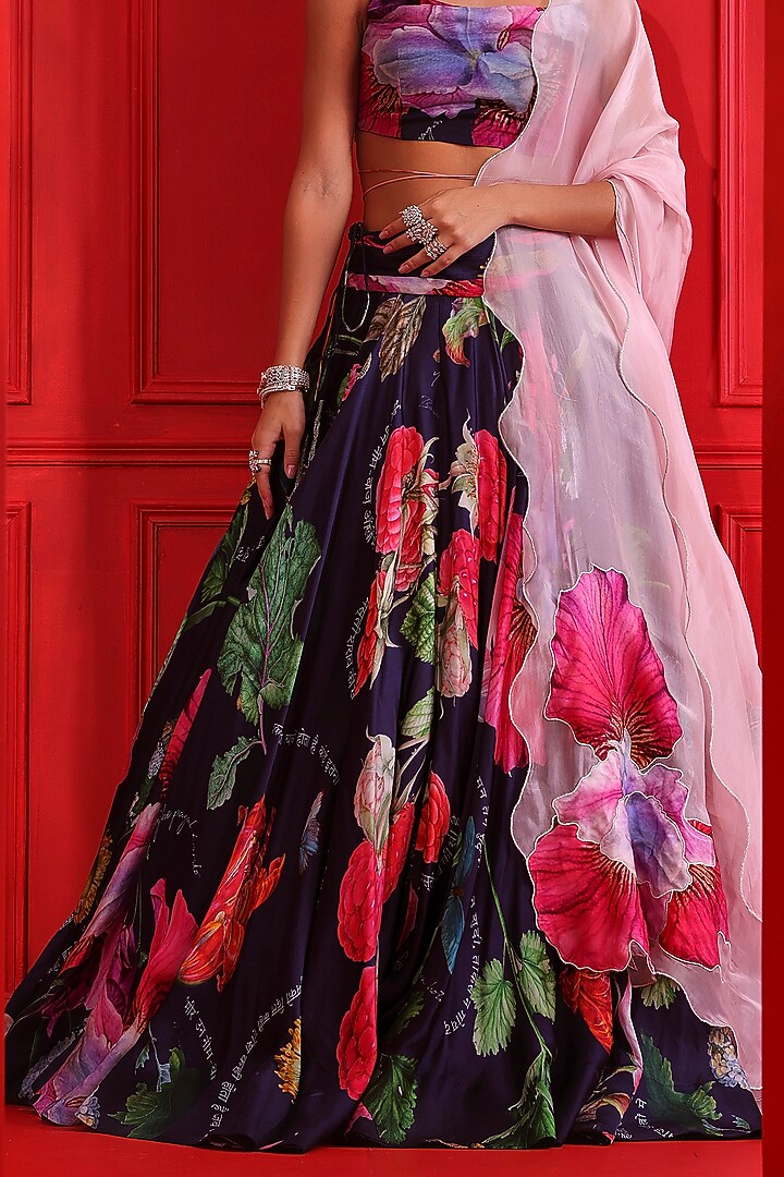 Navy Blue Satin Organza Printed Wedding Lehenga Set by Mahima Mahajan at Pernia's Pop Up Shop