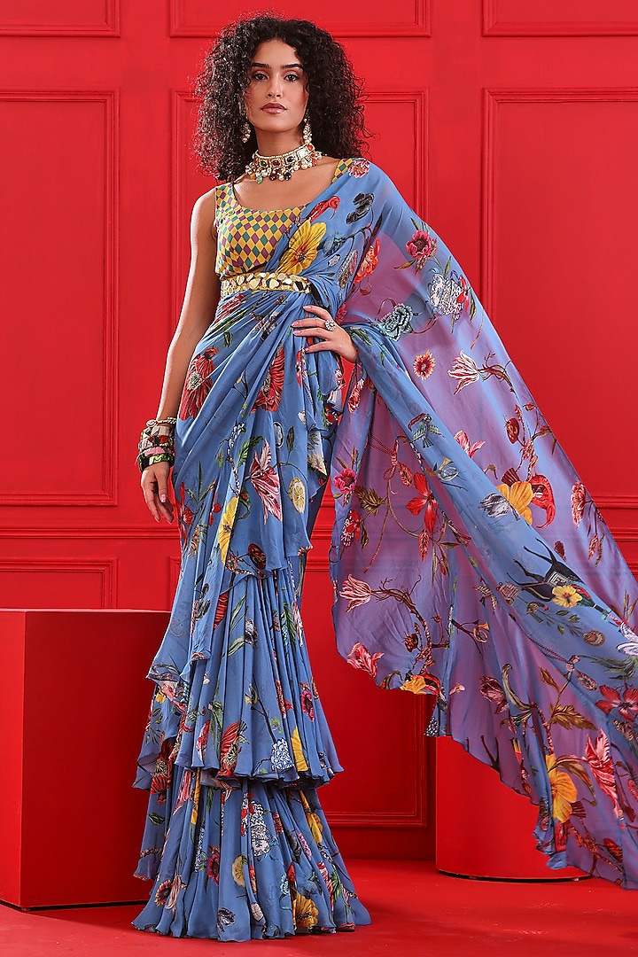 Blue Georgette Printed Saree Set by Mahima Mahajan
