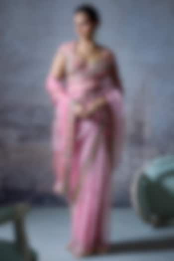 Blush Pink Raw Silk & Organza Embroidered Pre-Draped Wedding Saree Set by Mahima Mahajan at Pernia's Pop Up Shop