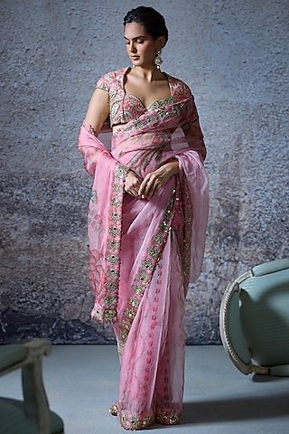Blush Pink Raw Silk & Organza Embroidered Pre-Draped Saree Set by Mahima Mahajan