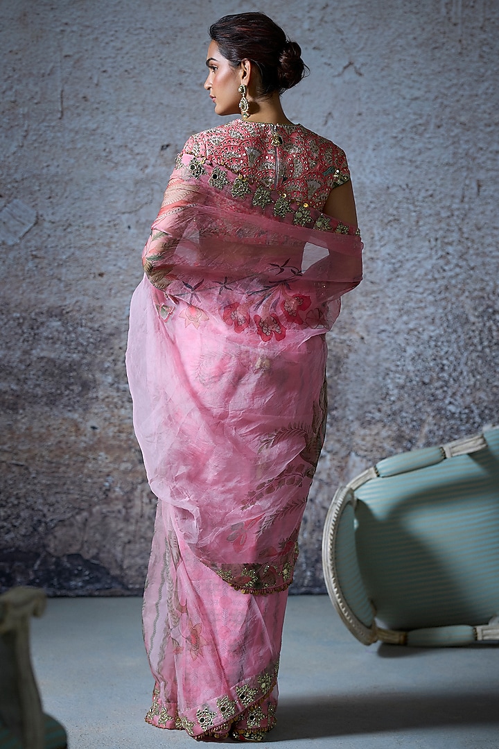Blush Pink Raw Silk & Organza Embroidered Pre-Draped Wedding Saree Set by Mahima Mahajan at Pernia's Pop Up Shop