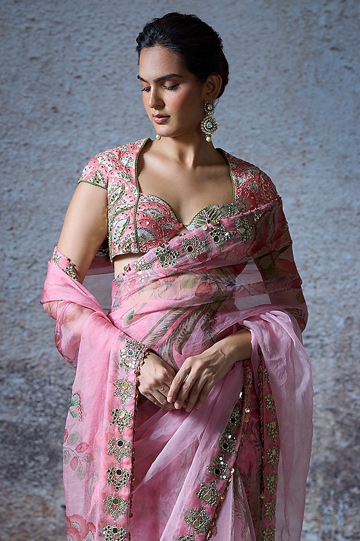 Blush Pink Raw Silk & Organza Embroidered Pre-Draped Wedding Saree Set by Mahima Mahajan at Pernia's Pop Up Shop