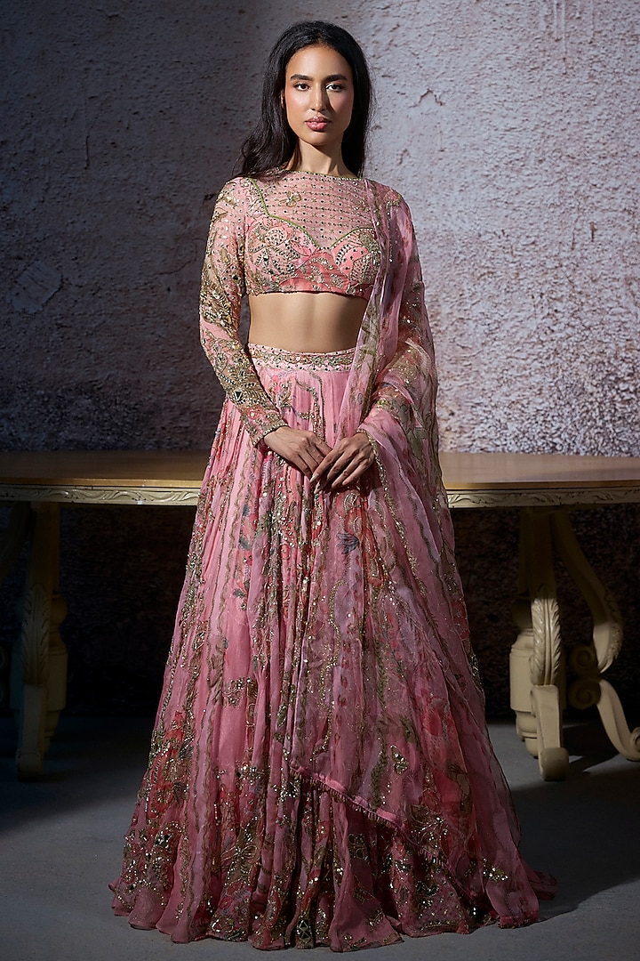 Blush Pink Organza Embroidered Bridal Lehenga Set by Mahima Mahajan at Pernia's Pop Up Shop