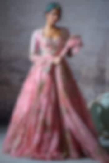 Blush Pink Silk Chanderi Embroidered Wedding Anarkali Set by Mahima Mahajan at Pernia's Pop Up Shop