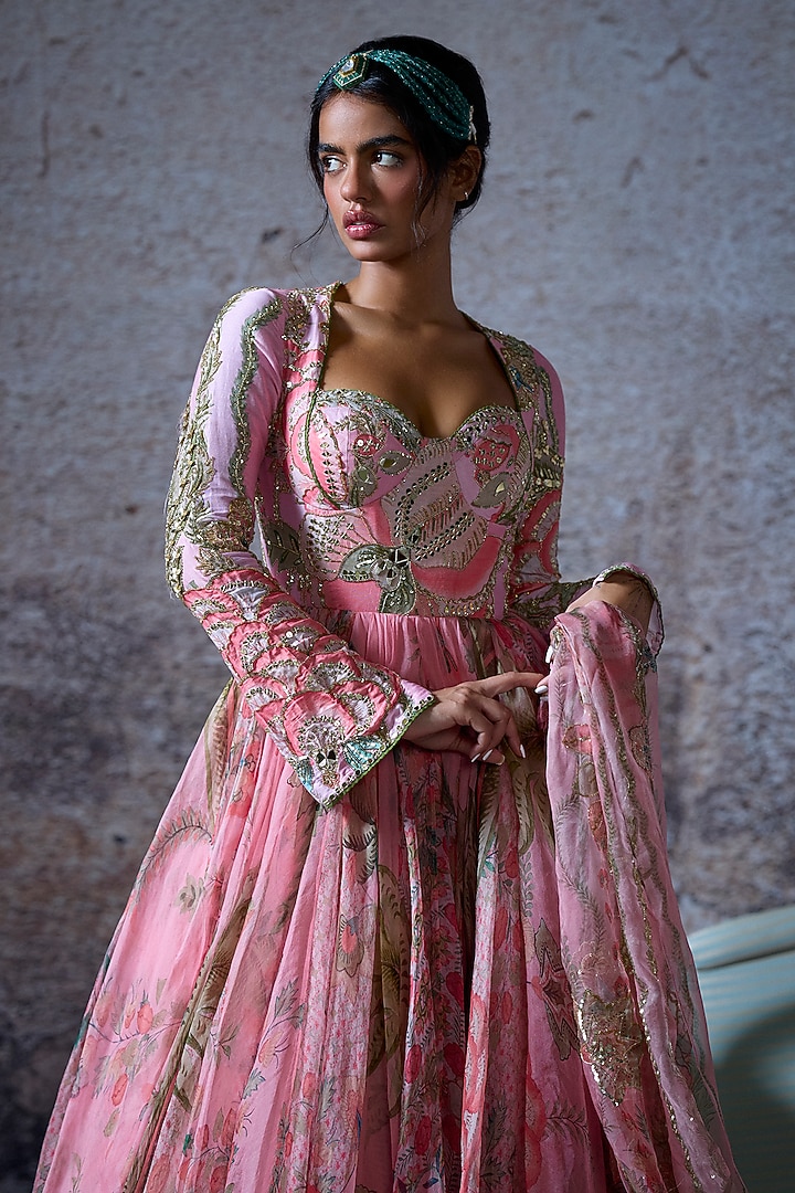 Blush Pink Silk Chanderi Embroidered Wedding Anarkali Set by Mahima Mahajan at Pernia's Pop Up Shop