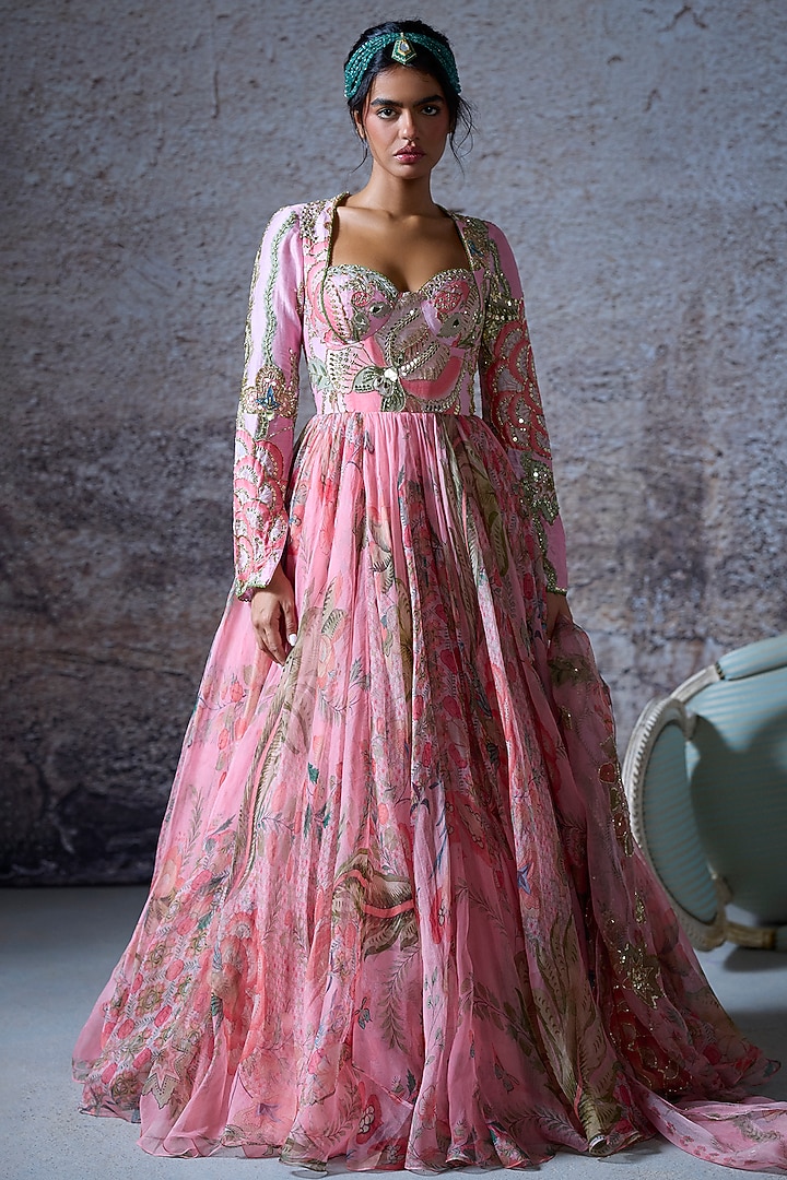 Blush Pink Silk Chanderi Embroidered Wedding Anarkali Set by Mahima Mahajan at Pernia's Pop Up Shop
