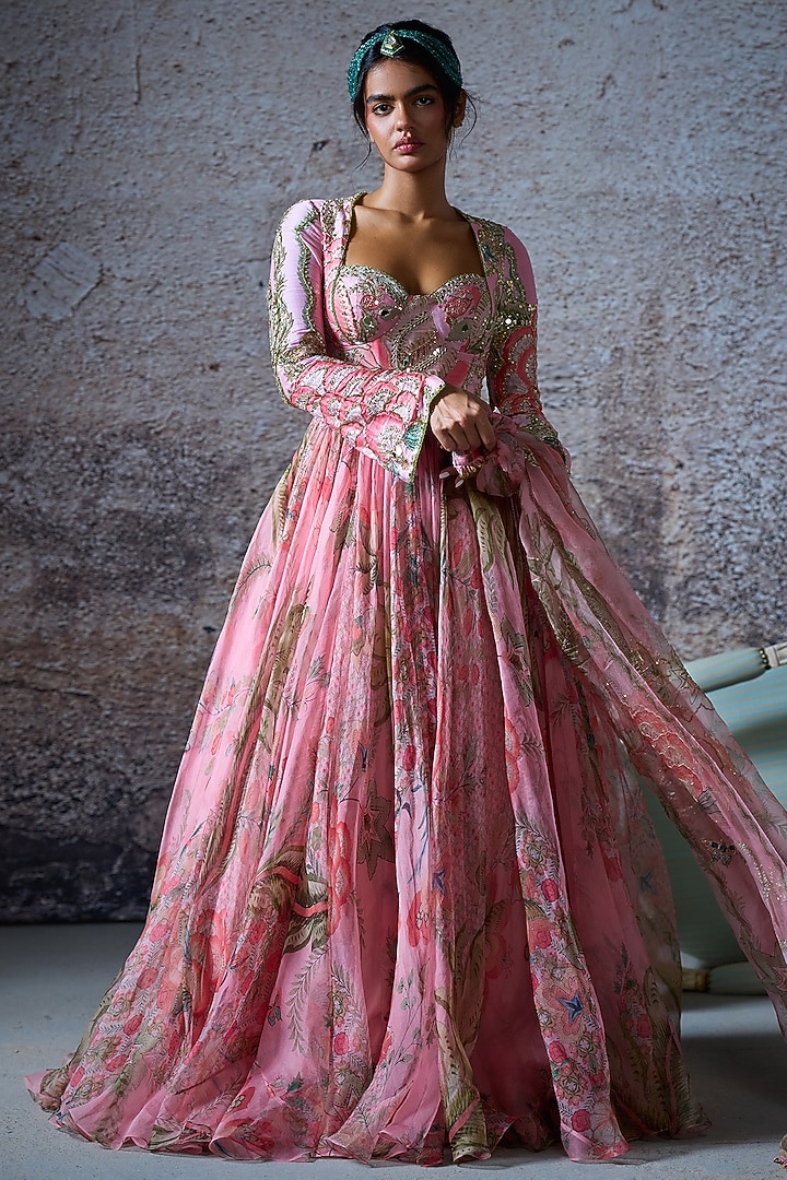 Blush Pink Silk Chanderi Embroidered Wedding Anarkali Set by Mahima Mahajan at Pernia's Pop Up Shop
