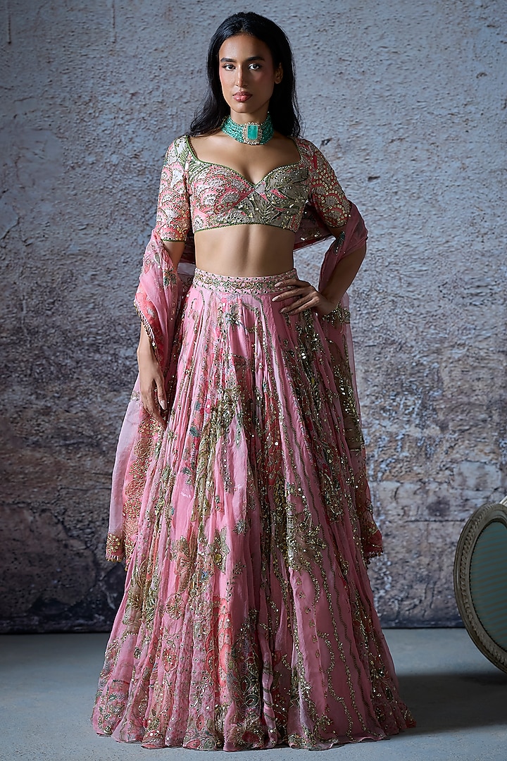 Blush Pink Organza Embroidered Bridal Lehenga Set by Mahima Mahajan at Pernia's Pop Up Shop