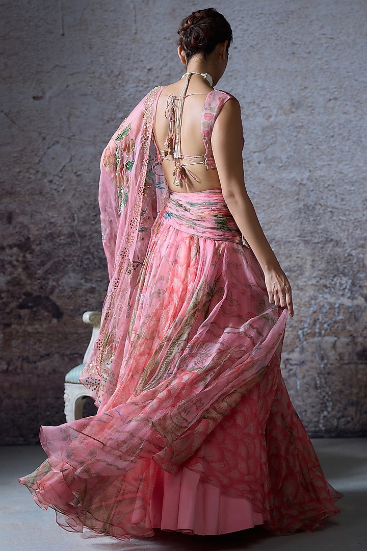 Blush Pink Organza Printed Wedding Lehenga Set by Mahima Mahajan at Pernia's Pop Up Shop