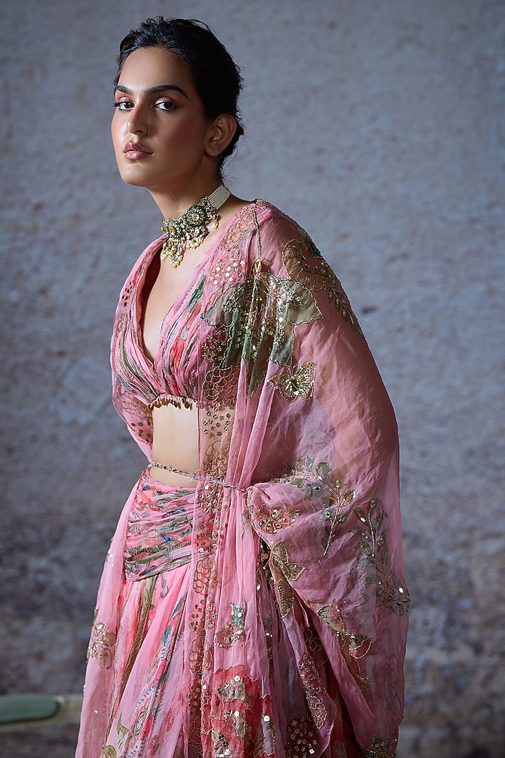 Blush Pink Organza Printed Wedding Lehenga Set by Mahima Mahajan at Pernia's Pop Up Shop
