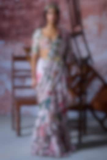 Soft Pink Organza Embroidered Ruffled Wedding Saree Set by Mahima Mahajan at Pernia's Pop Up Shop