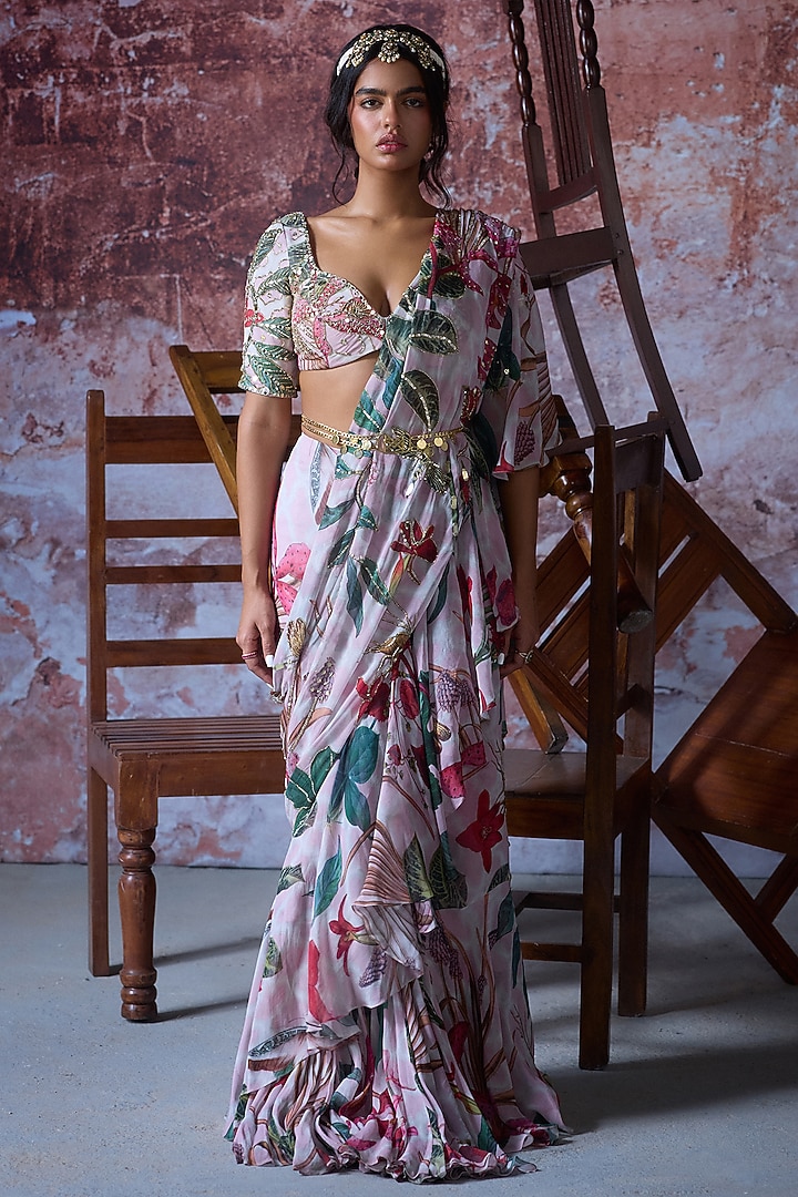 Soft Pink Organza Embroidered Ruffled Wedding Saree Set by Mahima Mahajan at Pernia's Pop Up Shop