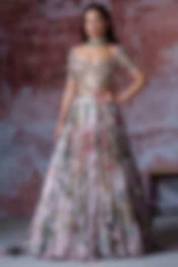 Soft Pink Organza Embroidered Bridal Lehenga Set by Mahima Mahajan at Pernia's Pop Up Shop