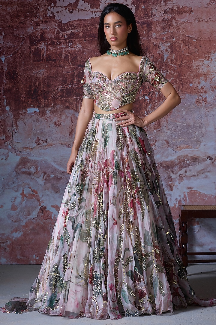 Soft Pink Organza Embroidered Bridal Lehenga Set by Mahima Mahajan at Pernia's Pop Up Shop