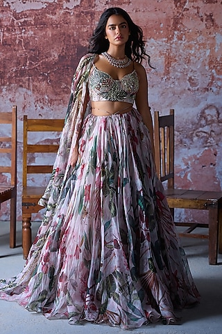 Soft Pink Organza Printed Lehenga Set by Mahima Mahajan