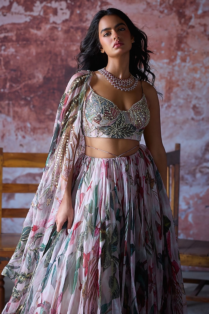 Soft Pink Organza Printed Wedding Lehenga Set by Mahima Mahajan at Pernia's Pop Up Shop