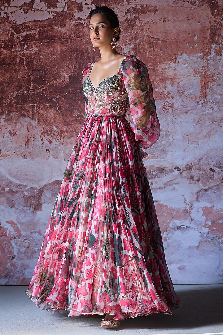 Hot Pink Organza Embroidered Corset Wedding Anarkali by Mahima Mahajan at Pernia's Pop Up Shop