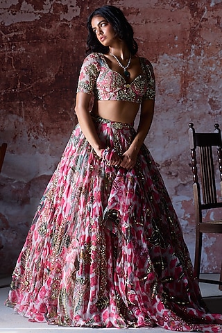 Hot Pink Organza Embroidered Lehenga Set by Mahima Mahajan