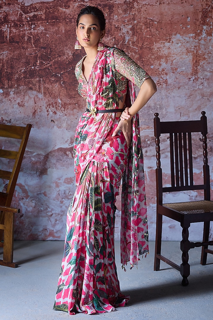 Hot Pink Georgette Embroidered Ruffled Saree Set by Mahima Mahajan at Pernia's Pop Up Shop