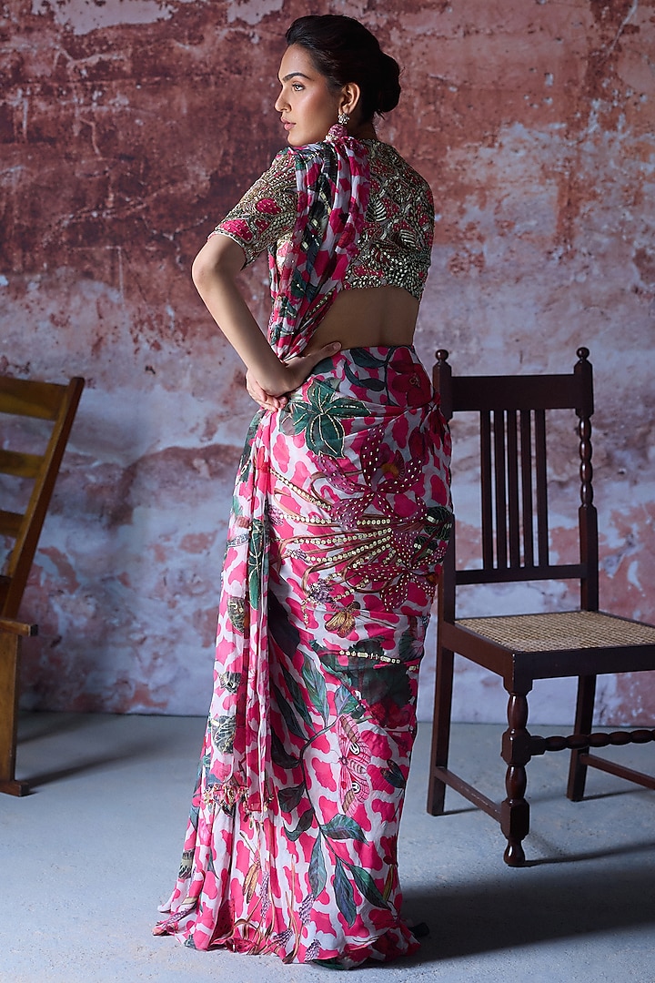 Hot Pink Georgette Embroidered Ruffled Wedding Saree Set by Mahima Mahajan at Pernia's Pop Up Shop