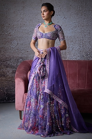 Lilac Organza Embroidered Lehenga Set by Mahima Mahajan