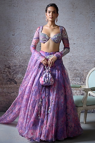 Lilac Organza Printed Lehenga Set by Mahima Mahajan