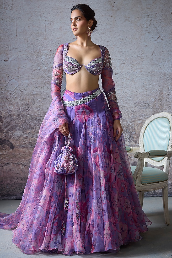 Lilac Organza Printed Wedding Lehenga Set by Mahima Mahajan at Pernia's Pop Up Shop