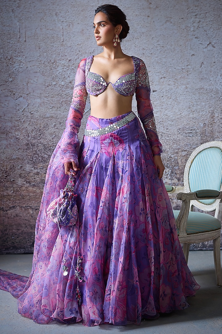 Lilac Organza Printed Wedding Lehenga Set by Mahima Mahajan at Pernia's Pop Up Shop