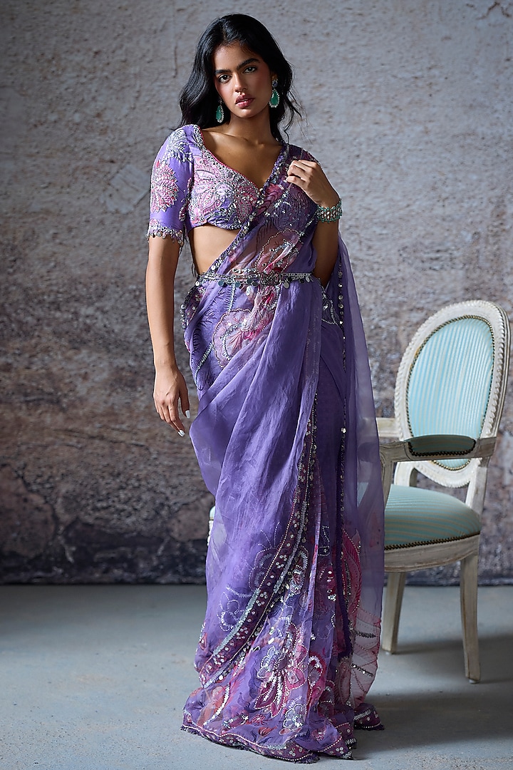 Lilac Organza Embroidered Pre-Draped Wedding Saree Set by Mahima Mahajan at Pernia's Pop Up Shop
