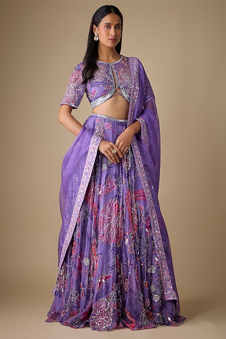 Purple Organza Hand Embroidered Bridal Lehenga Set by Mahima Mahajan at Pernia's Pop Up Shop