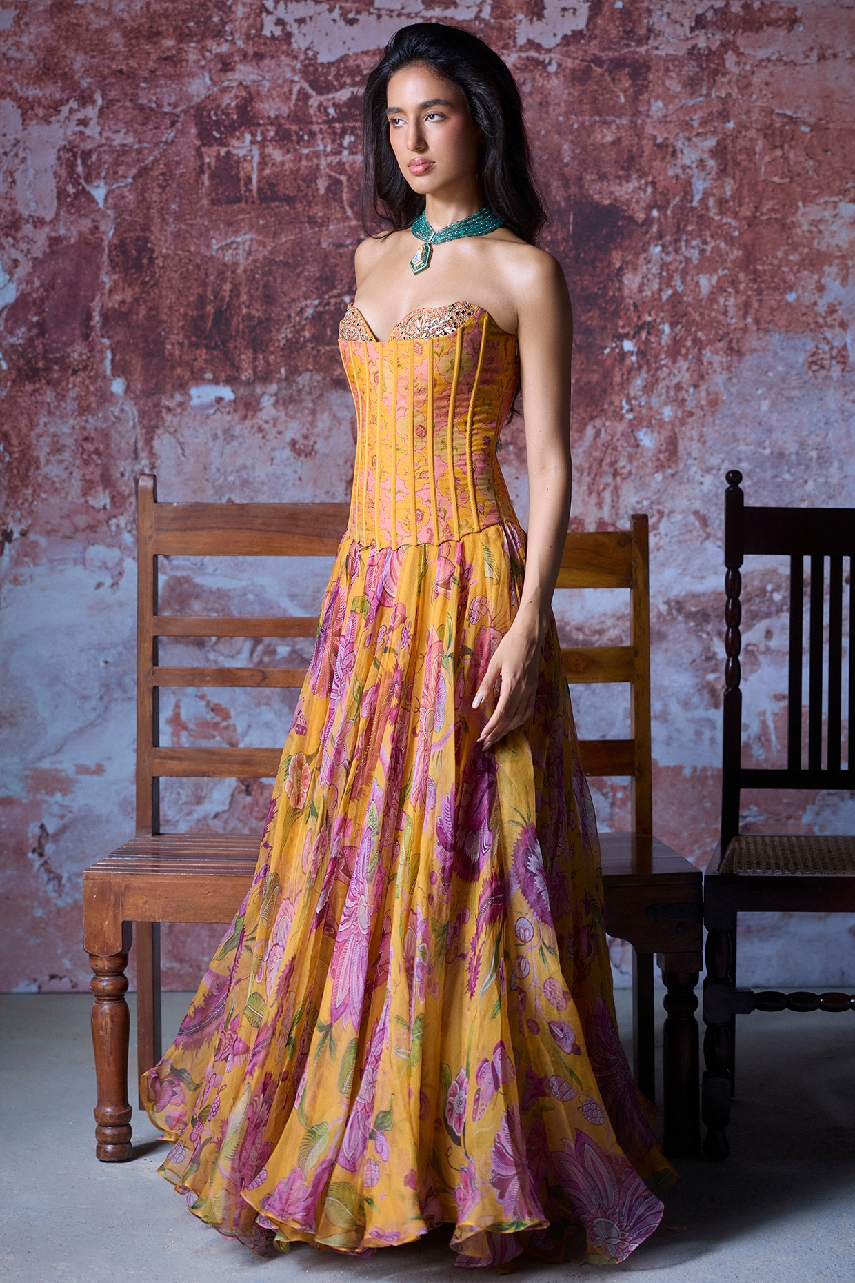 Mustard Yellow Organza Embroidered Corset Gown by Mahima Mahajan at Pernia s Pop Up Shop