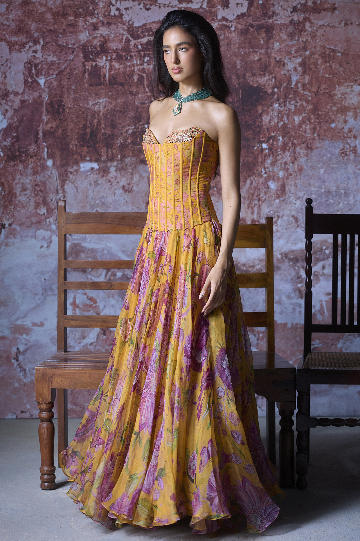 Mustard Yellow Organza Embroidered Corset Engagement Gown by Mahima Mahajan at Pernia's Pop Up Shop