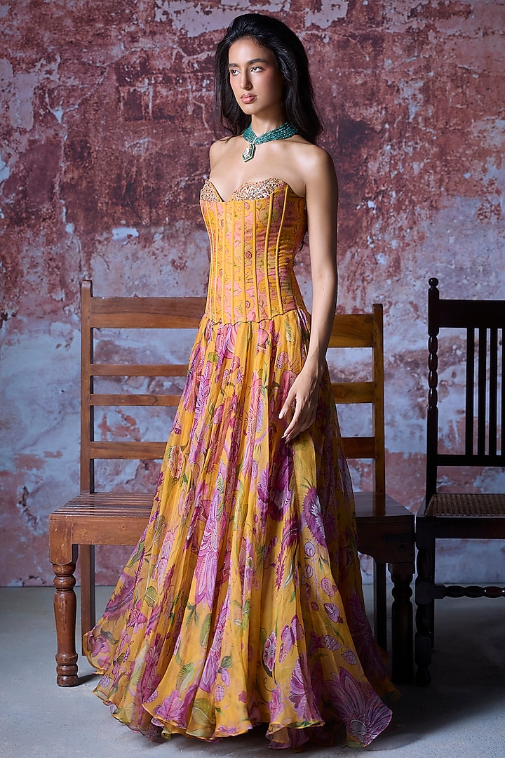 Mustard Yellow Organza Embroidered Corset Engagement Gown by Mahima Mahajan at Pernia's Pop Up Shop