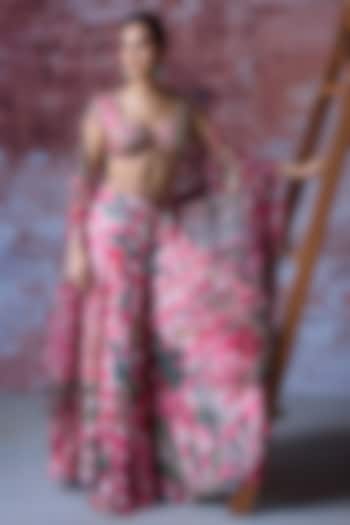 Hot Pink Georgette & Organza Embroidered Palazzo Pant Set by Mahima Mahajan at Pernia's Pop Up Shop