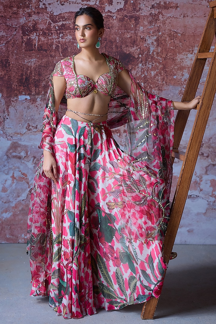 Hot Pink Georgette & Organza Embroidered Palazzo Pant Set by Mahima Mahajan at Pernia's Pop Up Shop