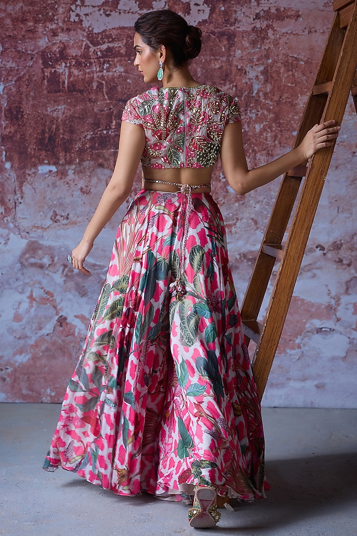 Hot Pink Georgette & Organza Embroidered Palazzo Pant Set by Mahima Mahajan at Pernia's Pop Up Shop