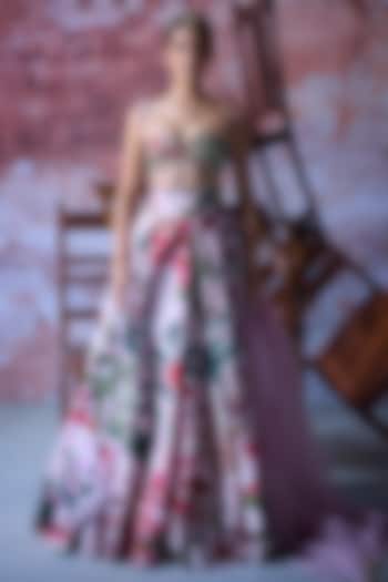 Soft Pink Satin Organza Printed Wedding Lehenga Set by Mahima Mahajan at Pernia's Pop Up Shop