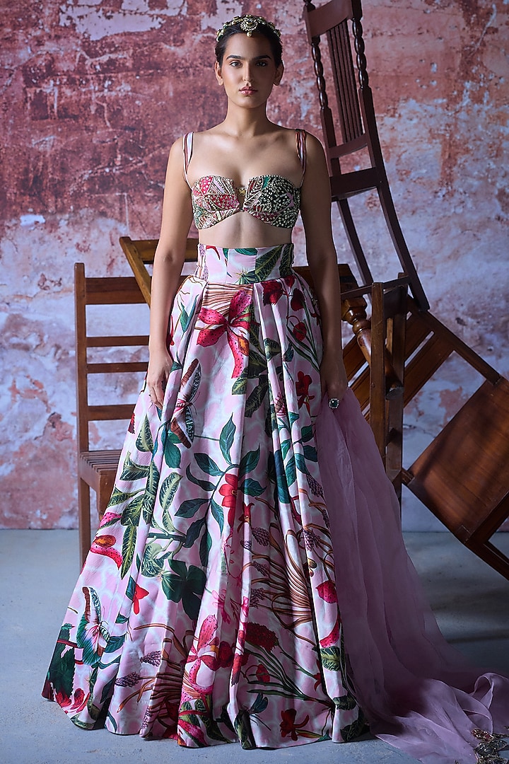 Soft Pink Satin Organza Printed Wedding Lehenga Set by Mahima Mahajan at Pernia's Pop Up Shop