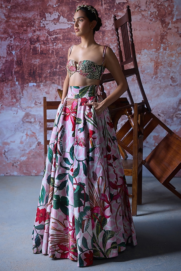 Soft Pink Satin Organza Printed Wedding Lehenga Set by Mahima Mahajan at Pernia's Pop Up Shop
